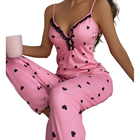 A Happy Heart Print Front Lace Pajama Set - Picture 3 of 4